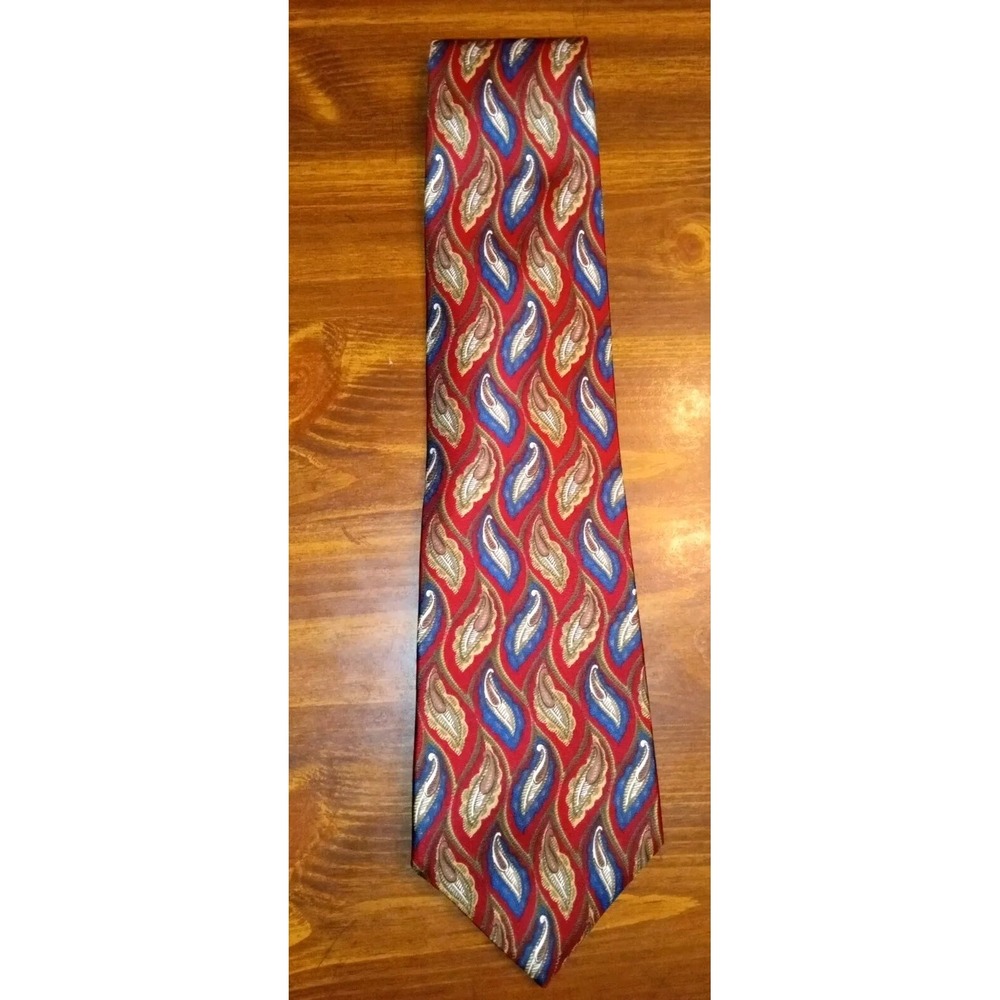 Wembley‎ Mens Silk Tie Red Blue Gold Abstract Paisley Leaf Pattern Made in USA